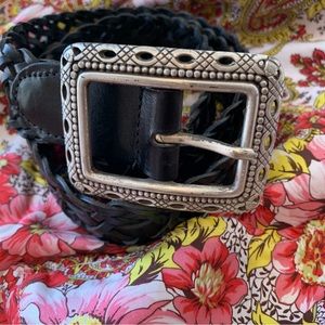 VINTAGE BLACK LEATHER BRAIDED BELT WITH SILVER RECTANGULAR BUCKLE SIZE LARGE